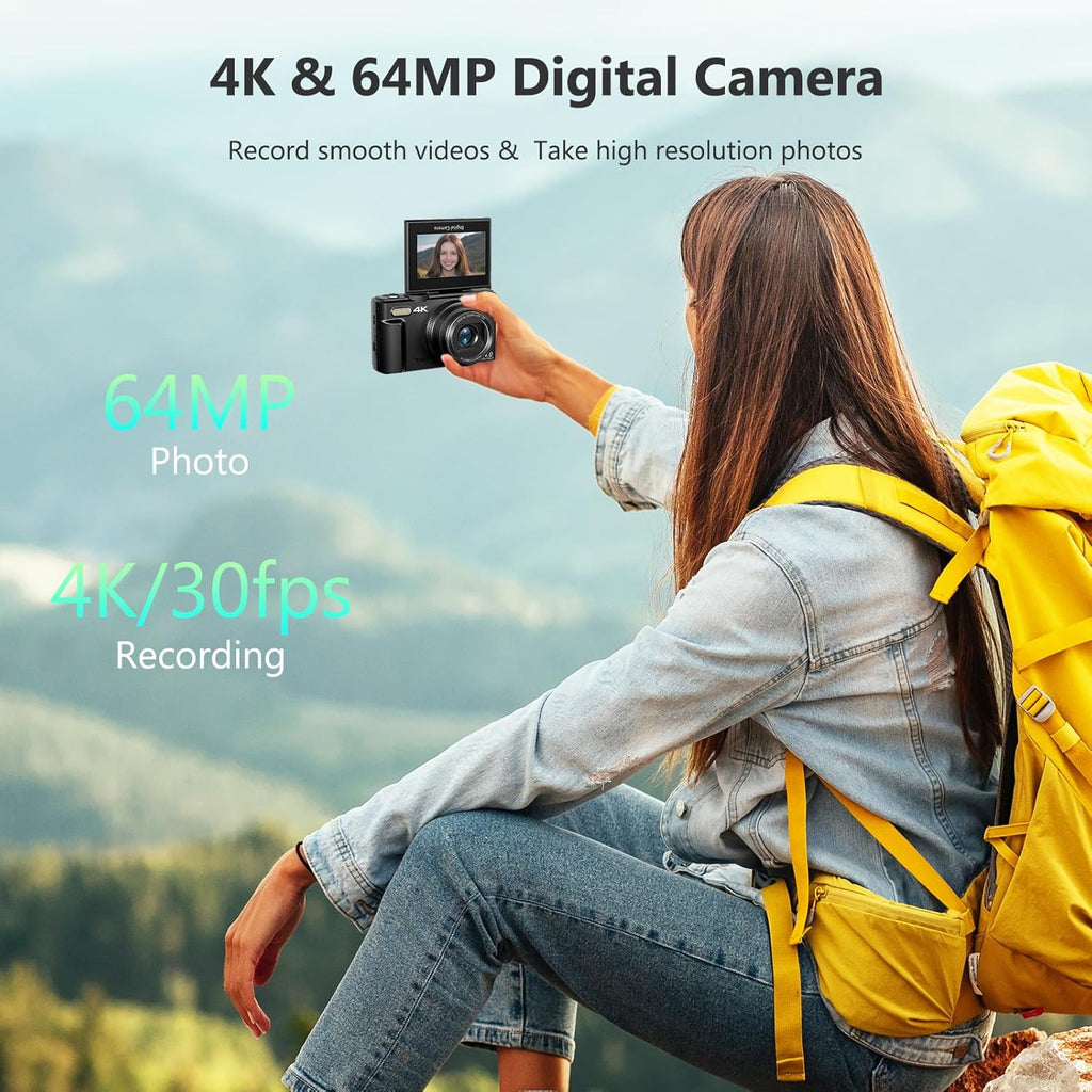 4K Digital Camera for Photography, 64MP Vlogging Camera for YouTube with 3" 180° Flip Screen, 18X Digital Zoom Point and Shoot Camara with 32GB Micro SD Card for Beginner (Black)
