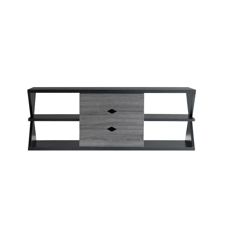 Ayala 60-Inch Modern Black and Distressed Grey TV Console with 4 Shelves and 3 Drawers
