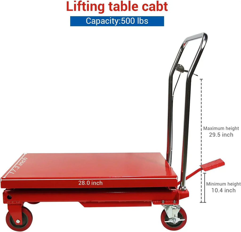 500LBS Hydraulic Lift Table Cart, 30" Lifting Height., Double Scissor Lift Table with 4 Wheels and Non-Slip Pad, Hydraulic Scissor Lift Table for Material Handling and Transportation