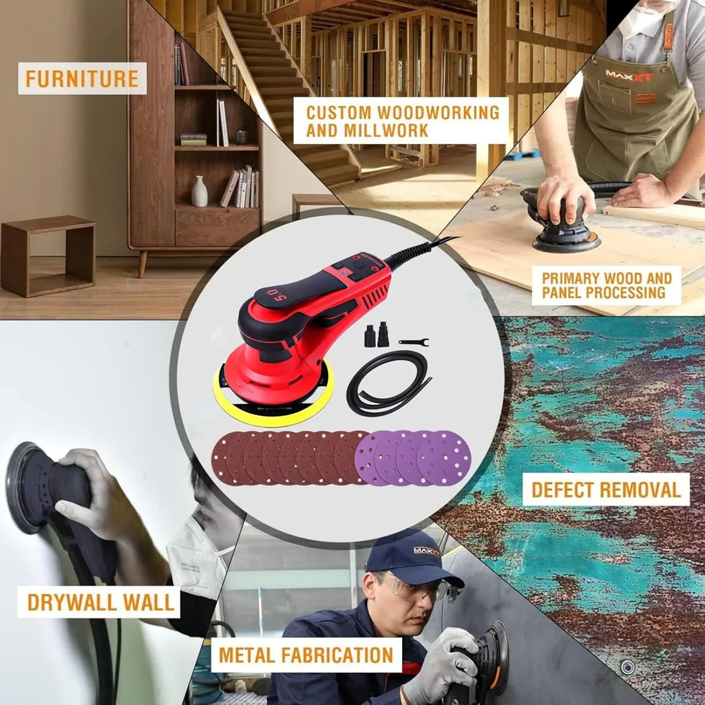 Electric Random Orbital Sander, Brushless Motor, Powerful 350W & Low Vibration Palm Sander, 10000 RPM Variable Speed, 6 - Inch for Woodworking, Polishing, Carpentry