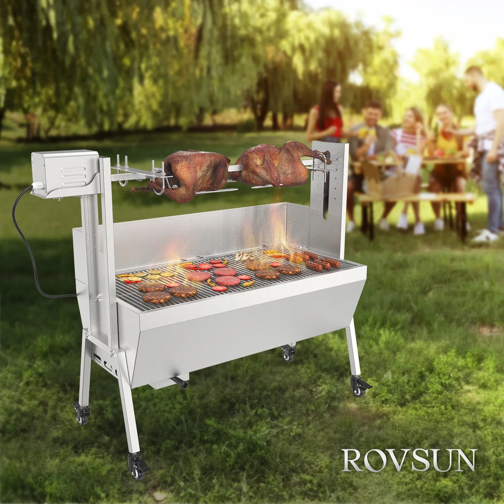 RovSun 46 Electric Rotisserie Grill 176 lbs Capacity 25w Pig Lamb Spit Roaster Rotisserie w/Lockable Wheels Wind Baffle with Adjustable Height