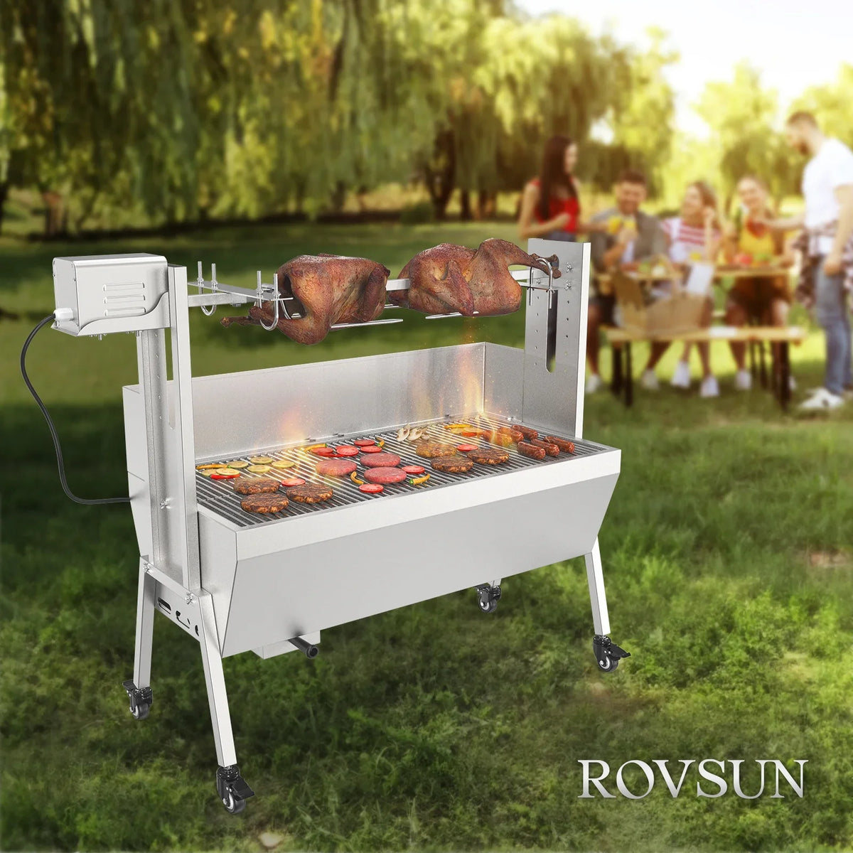 RovSun 46 Electric Rotisserie Grill 176 lbs Capacity 25w Pig Lamb Spit Roaster Rotisserie w/Lockable Wheels Wind Baffle with Adjustable Height