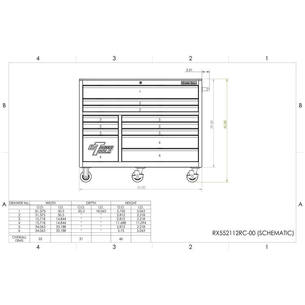 55-Inch 12-Drawer Roller Cabinet Tool Chest - Model THD552112RCBL