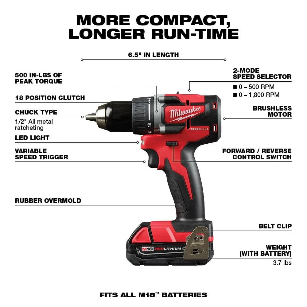 M18 18V Lithium-Ion Brushless Cordless Compact Drill/Impact Combo Kit (2-Tool) W/ (2) 2.0Ah Batteries, Charger & Bag 2892-22CT