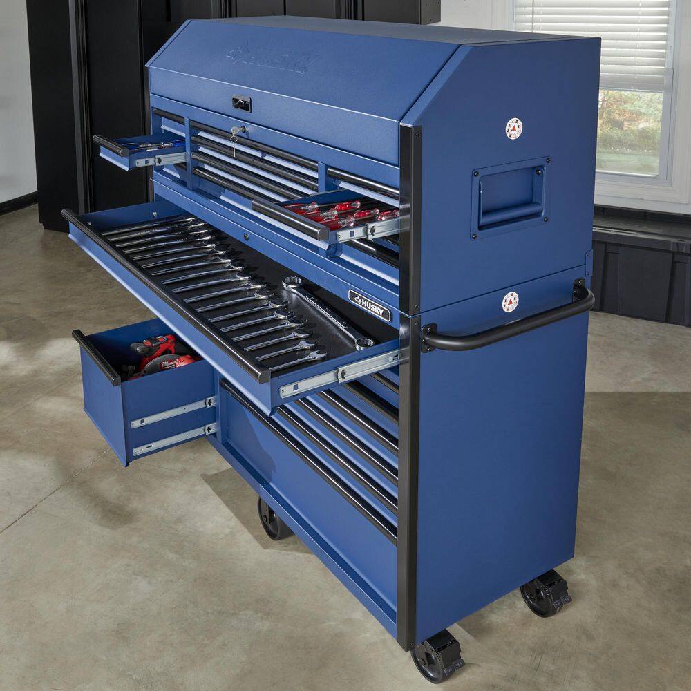 2025 56 in. W x 22 in. D Heavy Duty 23-Drawer Combination Rolling Tool Chest and Top Tool Cabinet Set in Matte Blue