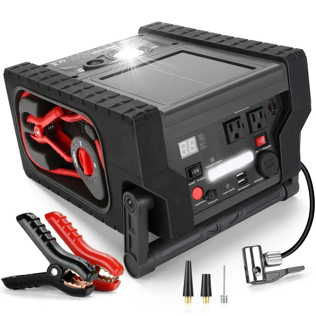 ZD-529 Solar Portable Power Station 2000 Amps Jump Starter, 260 PSI Air Compressor, 12V Car Battery Charger with 400W Inverter Dual AC/DC/USB Output, Emergency Backup Power with Flashlights