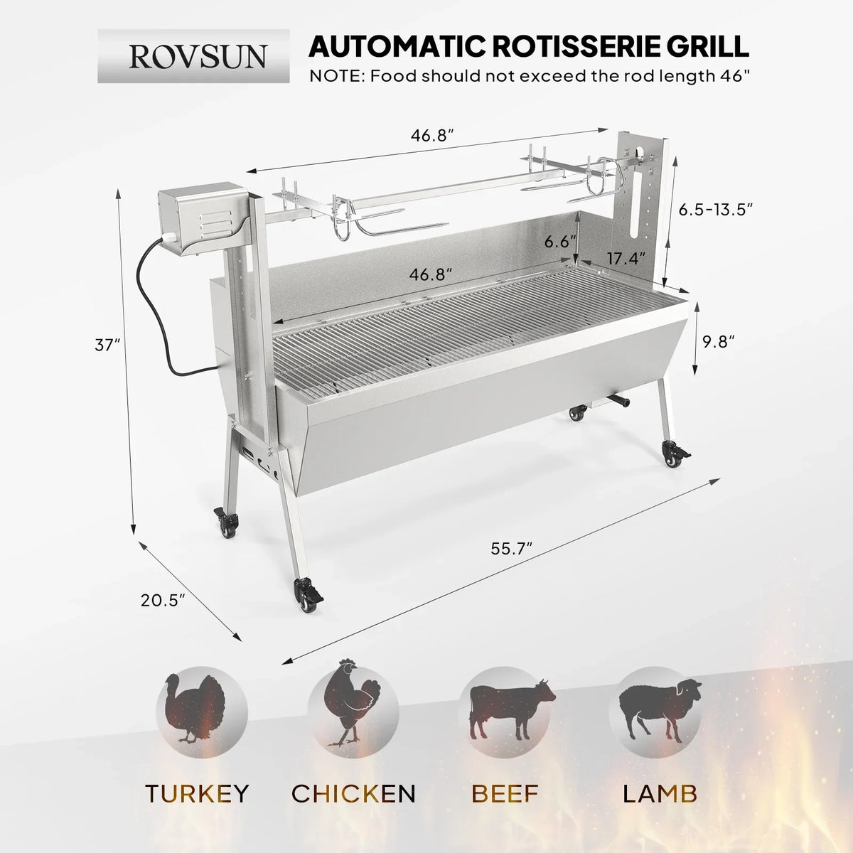 RovSun 46 Electric Rotisserie Grill 176 lbs Capacity 25w Pig Lamb Spit Roaster Rotisserie w/Lockable Wheels Wind Baffle with Adjustable Height