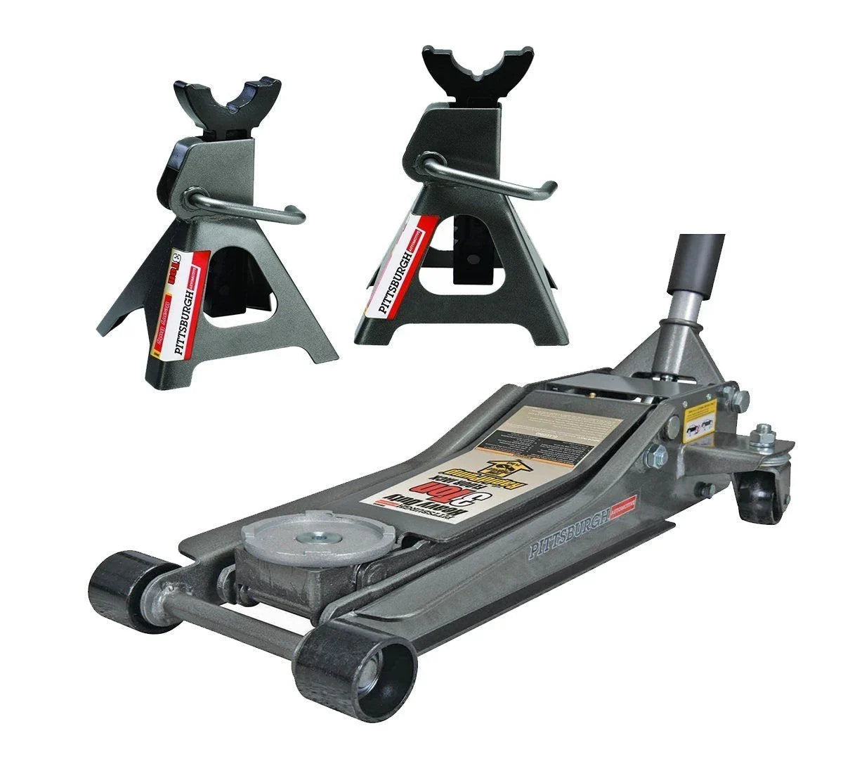 2025 Pittsburg 3 Ton Low Profile Floor Jack and Jack Stands Set Combo with Rapid Pump Quick Lift