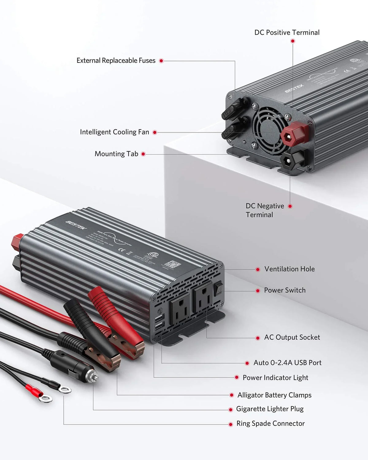 BESTEK 500W Pure Sine Wave Power Inverter DC 12V to 110V AC Car Plug Inverter Adapter Power Converter with 4.2A Dual USB Charging Ports and 2 AC Outlets Car Charger, ETL Listed, Grey