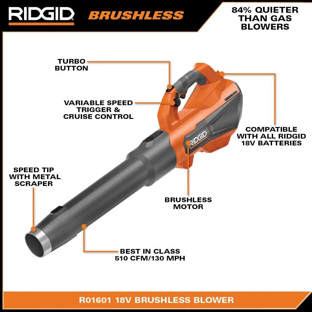 RIDGID 18V Brushless Cordless Leaf Blower, 510 CFM, 130 MPH, with 6.0Ah Battery & Charger