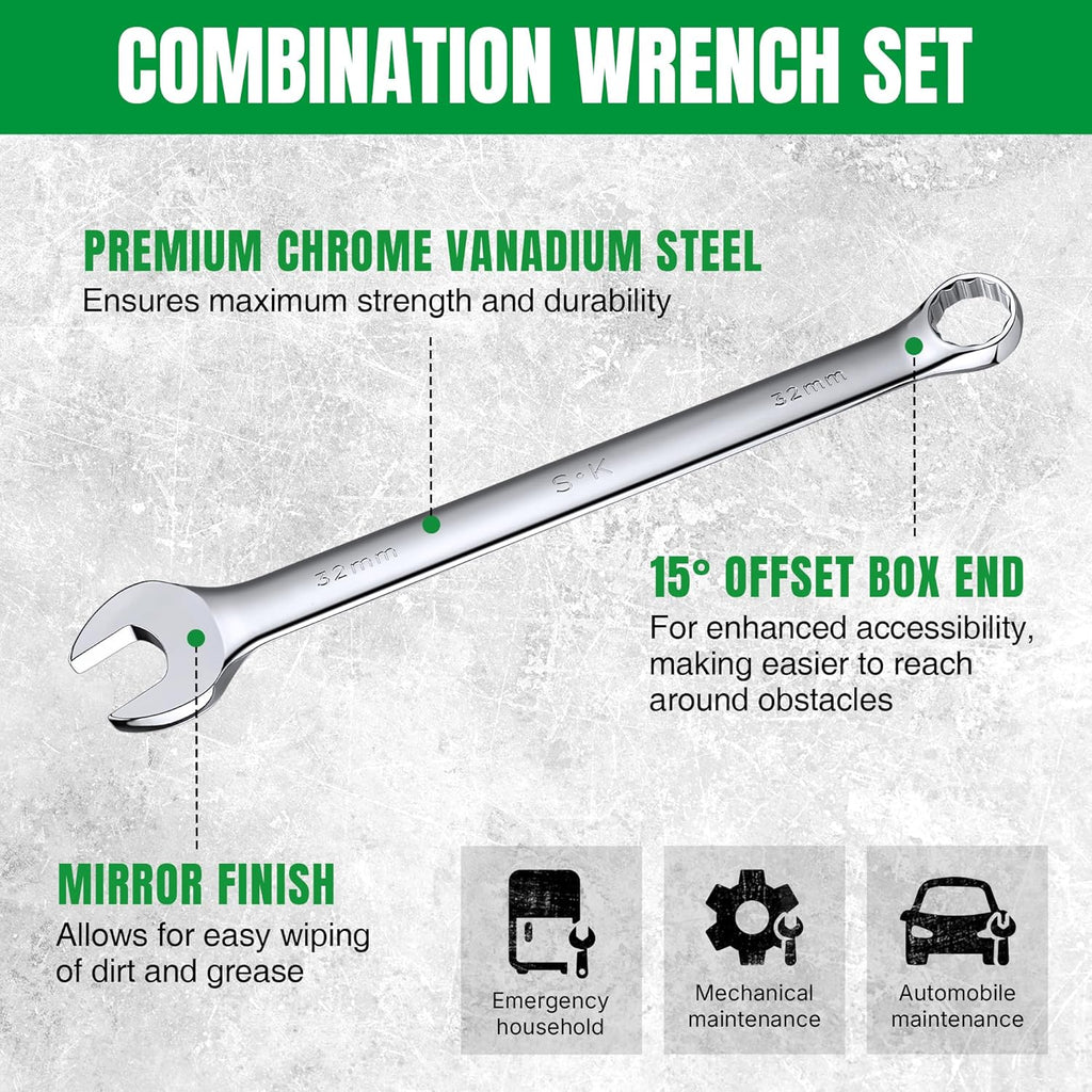 SK 42-Piece Wrench Set, SAE & Metric, SuperKrome Finish