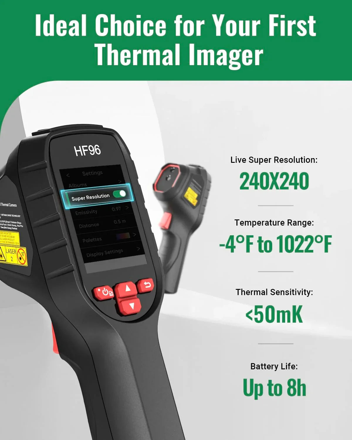 Thermal Camera, Super Resolution 240 x 240, Thermal Imaging Camera with Laser Pointer, 96 x 96 IR Resolution, 25 HZ Infrared Camera,-4°F to 1022°F, 50°FOV, 8h Battery Life Thermal Imager