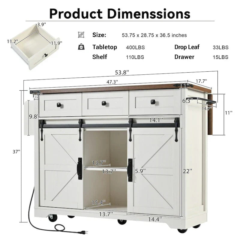 53.7-Inch Farmhouse Kitchen Island with Power Outlet, Featuring 2 Sliding Barn Doors and Drop Leaf Design