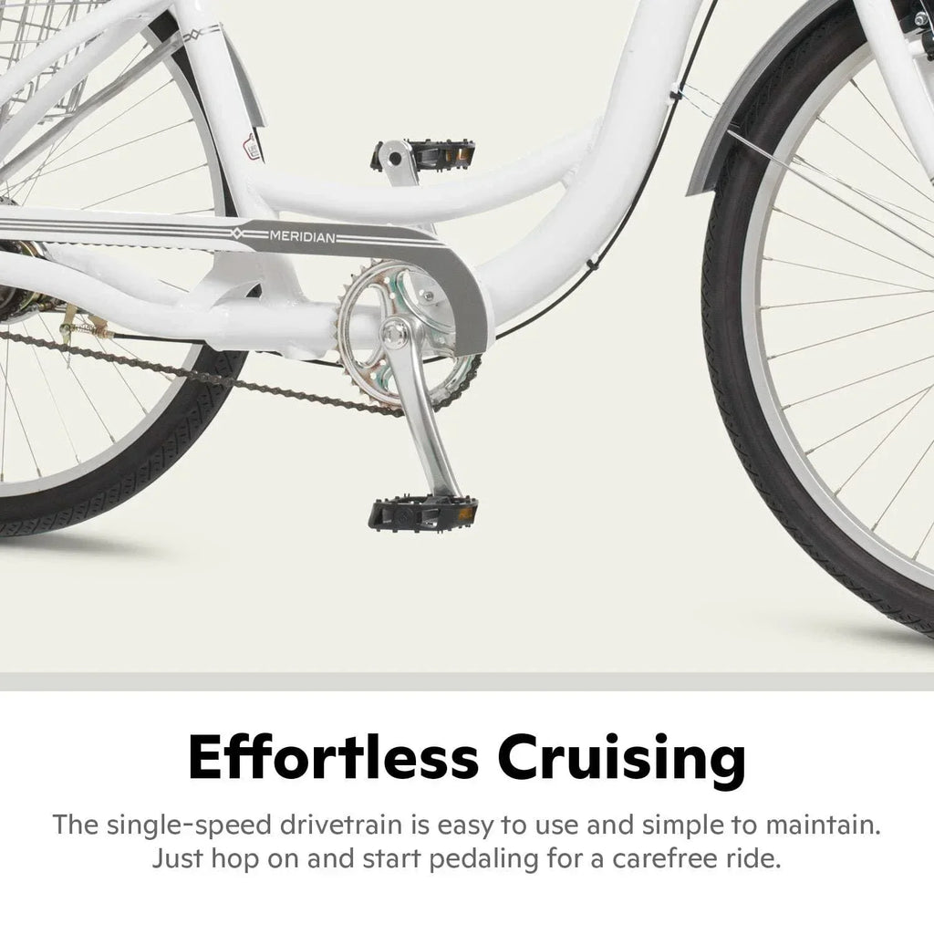 2025 Schwinn Meridian Adult Tricycle Bike Mens and Womens Three Wheel Beach Cruiser 26-inch Wheels Low Step-Through Frame Wide Seat Rear Folding Basket Sin