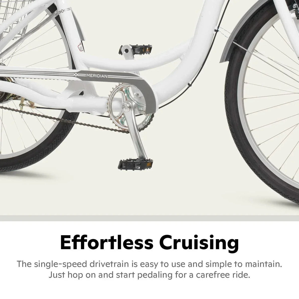 2025 Schwinn Meridian Adult Tricycle Bike Mens and Womens Three Wheel Beach Cruiser 26-inch Wheels Low Step-Through Frame Wide Seat Rear Folding Basket Sin