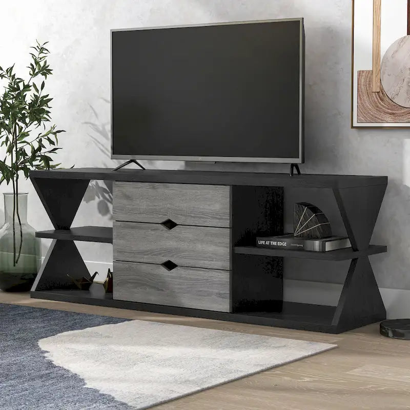 Ayala 60-Inch Modern Black and Distressed Grey TV Console with 4 Shelves and 3 Drawers