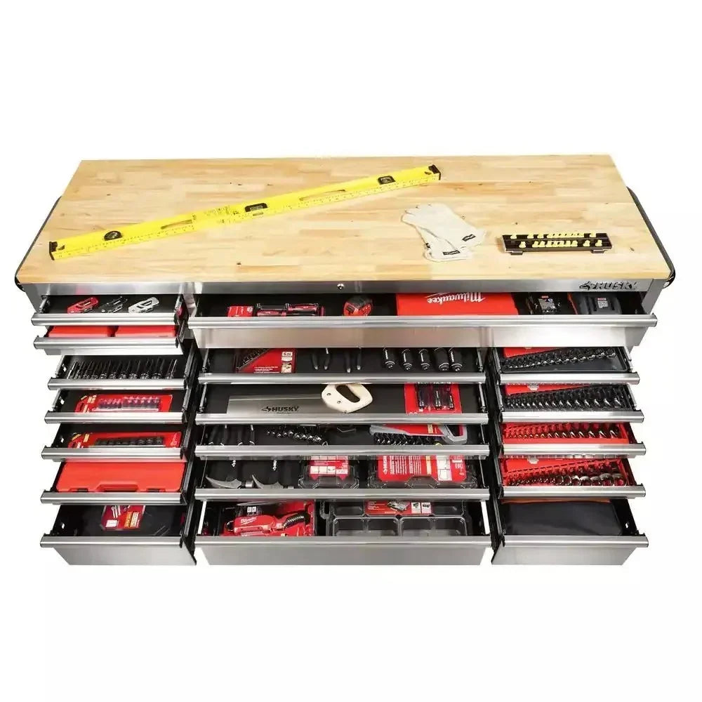 72 in 18-Drawer 24 in. D Mobile Workbench with Solid Wood Top Stainless Steel