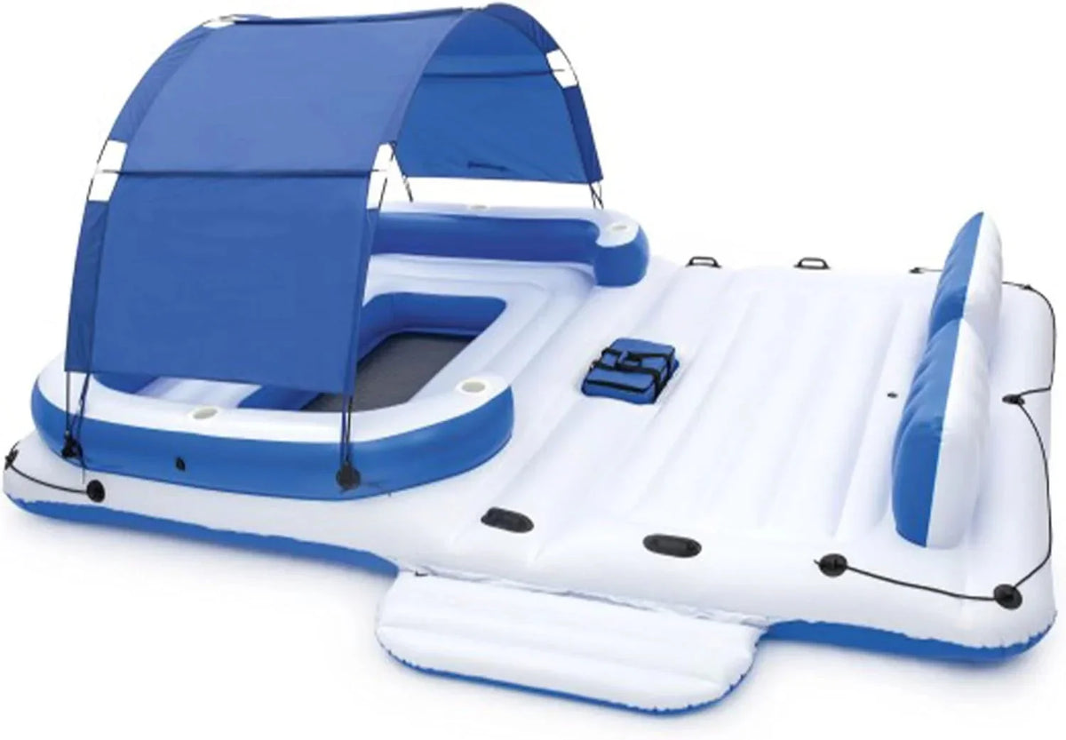 Tropical Breeze 6 Person Inflatable Party Island Large Relaxing Water Float with Detachable Sunshade and Cooler Bag
