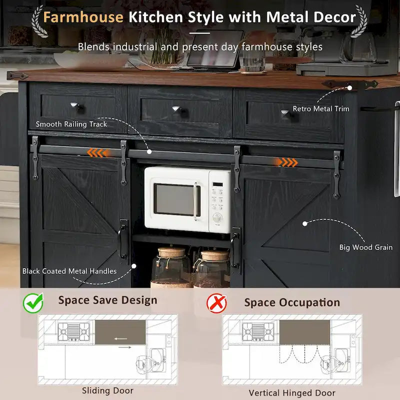 53.7-Inch Farmhouse Kitchen Island with Power Outlet, Featuring 2 Sliding Barn Doors and Drop Leaf Design