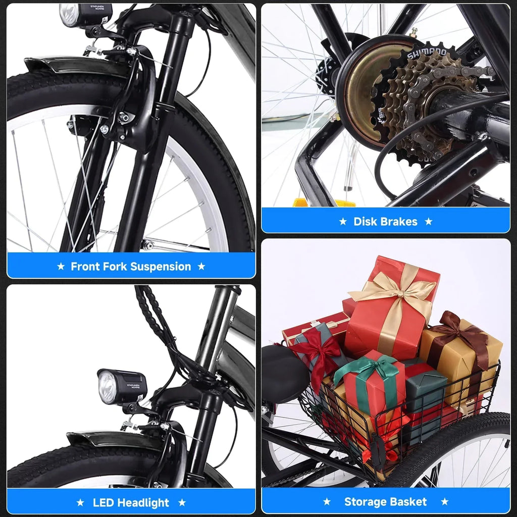 26 Inch Adult 3 Wheel Electric Tricycle with Basket, Fat Tires,7 Speeds,350W Powerful Motor, 36V 10Ah Removable Battery  Dark Gray