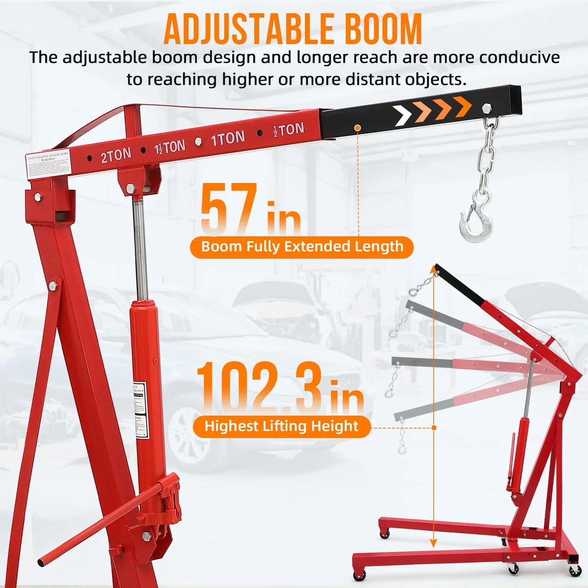 GARVEE 2 Ton Folding Hydraulic Engine Hoist with Lever, Folding Engine Shop Crane Hoist Lift, Heavy Cherry Picker