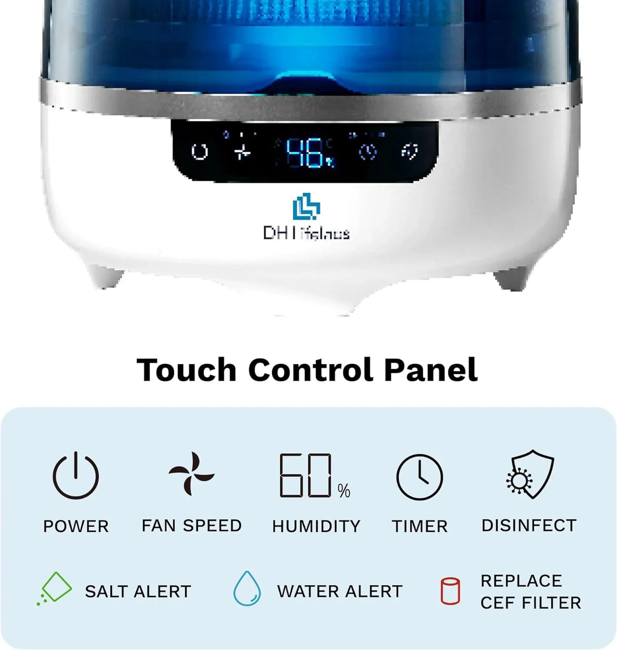 Bedroom Evaporative Humidifier, Humidifier and Air Purifier in One, with HOCL Generator, Mildew Remover, Pet Smoking Odor Eliminator, 538 Square Feet, Blue