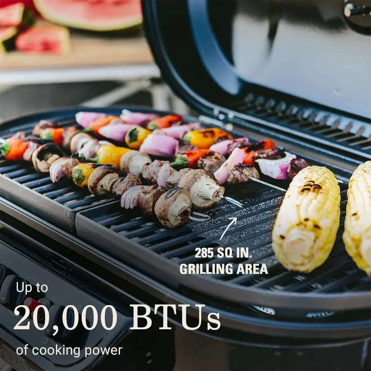 RoadTrip 285 Portable Stand-Up Propane Grill with 3 Adjustable Burners & Instastart Ignition, 20,000 BTUs of Power for Outdoor Cooking, Camping, Tailgating, Grilling, BBQs, & More