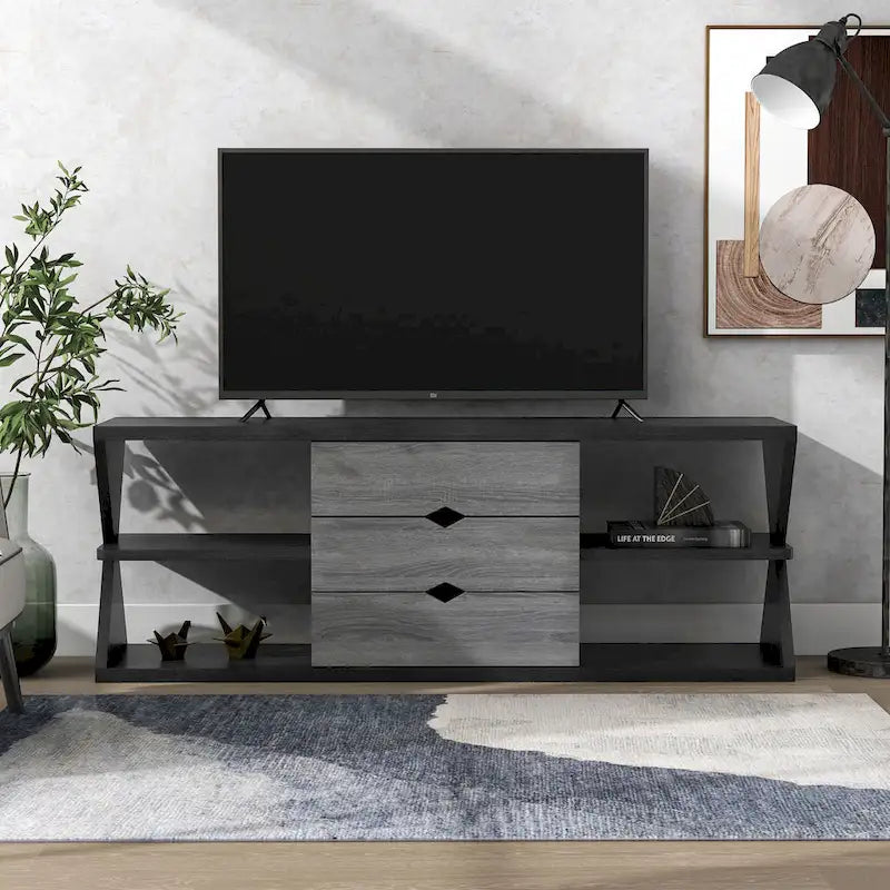 Ayala 60-Inch Modern Black and Distressed Grey TV Console with 4 Shelves and 3 Drawers