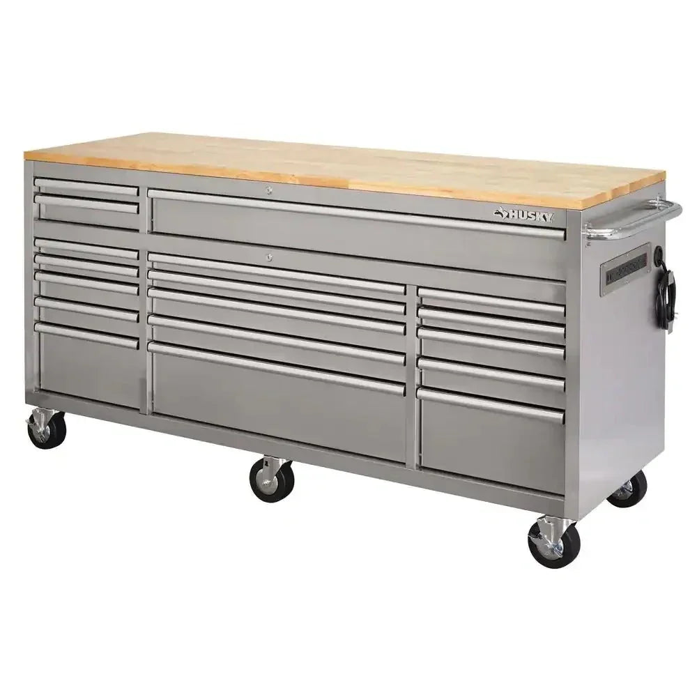 72 in 18-Drawer 24 in. D Mobile Workbench with Solid Wood Top Stainless Steel