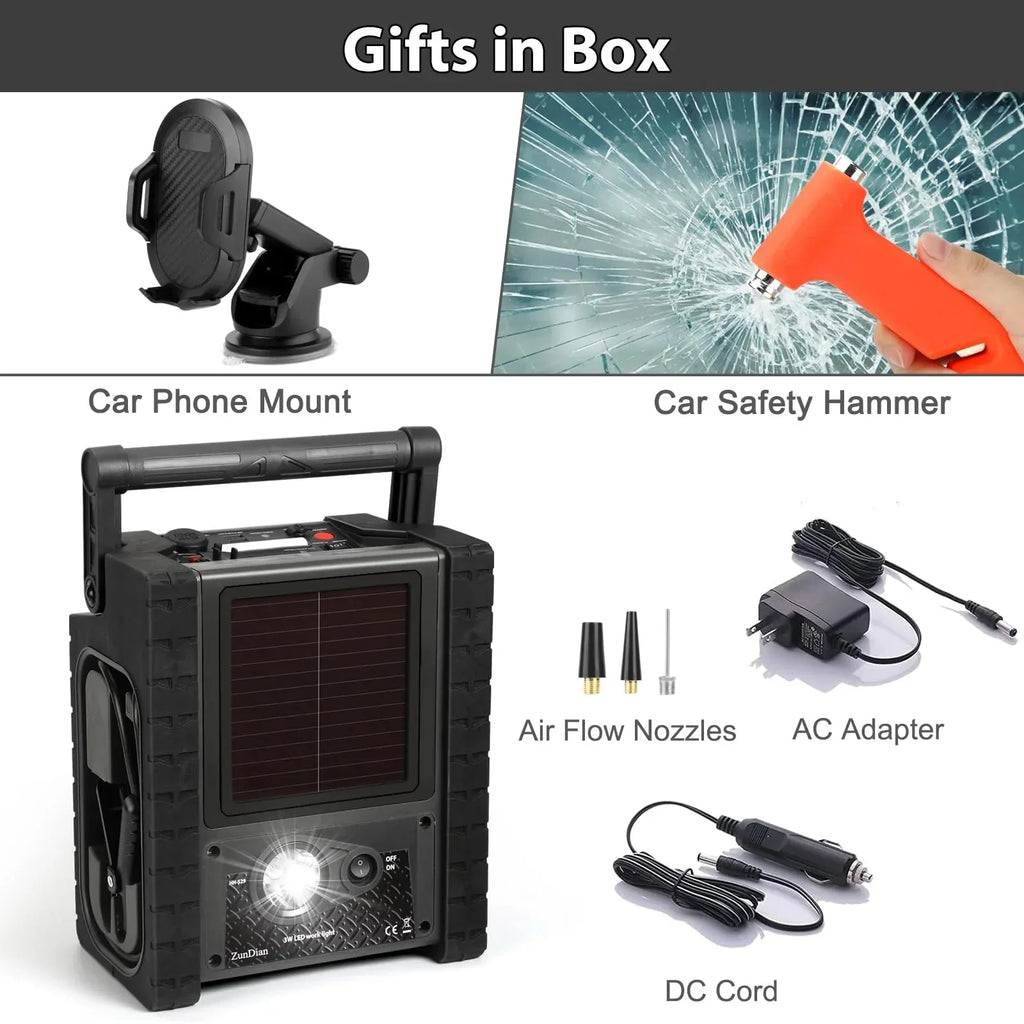 Solar Portable Power Station 2000 Amps Jump Starter, 260 PSI Air Compressor, 12V Car Battery Charger with 400W Inverter Dual AC/DC/USB Output, Emergency Backup Power with Flashlights