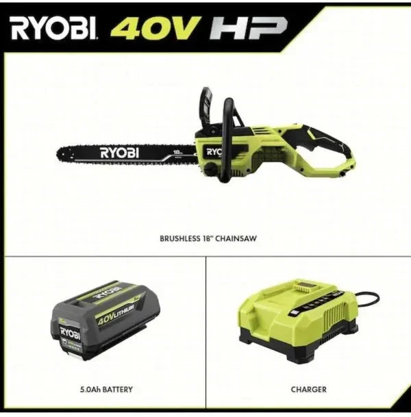 Ryobi 18′′ 40V Cordless Chainsaw Kit with Battery & Charger, Green