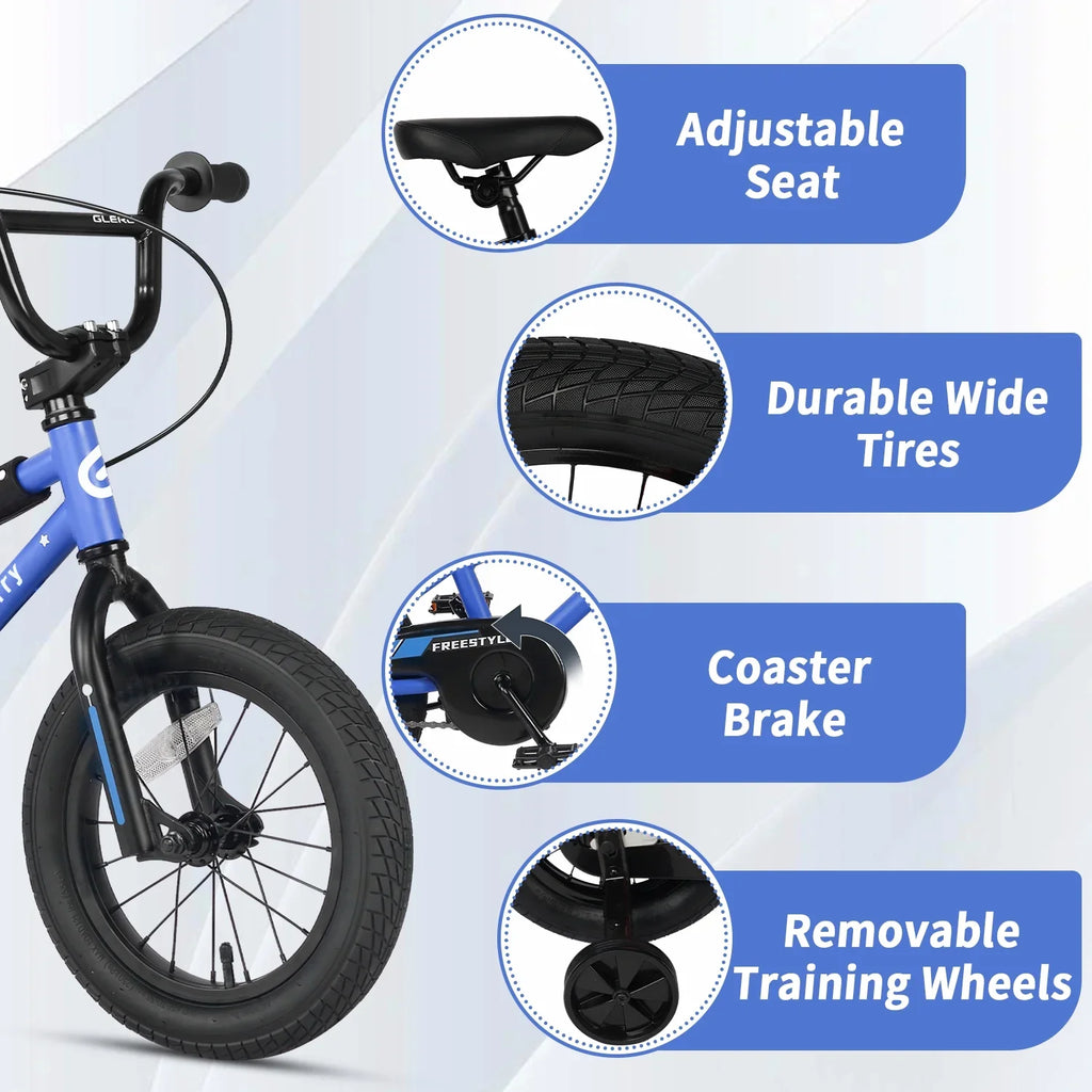 Glerc 14 Inch Little Kids Bike BMX Style Bicycle with Training Wheels Coaster Brake for 3 4 5 Years Old Boys Girls, Blue