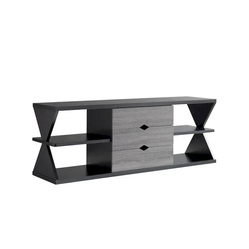 Ayala 60-Inch Modern Black and Distressed Grey TV Console with 4 Shelves and 3 Drawers