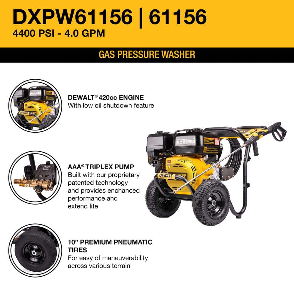 4400 PSI 4.0 GPM Gas Cold Water Pressure Washer with DEWALT 420cc Engine DXPW61156