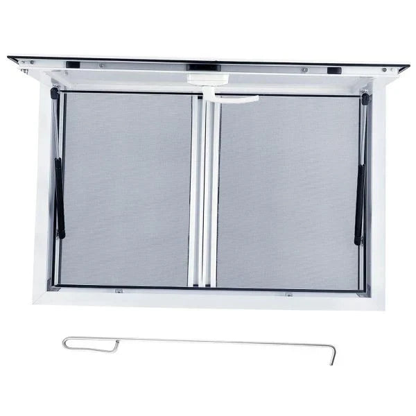Concession Window 36W x 36H Aluminum Alloy Food Truck Service Window with Sliding Screens & Awning Door, Hydraulic Lift, Locking Mechanism, Versatile for Catering