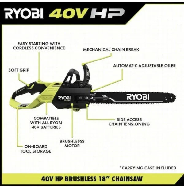 Ryobi 18′′ 40V Cordless Chainsaw Kit with Battery & Charger, Green