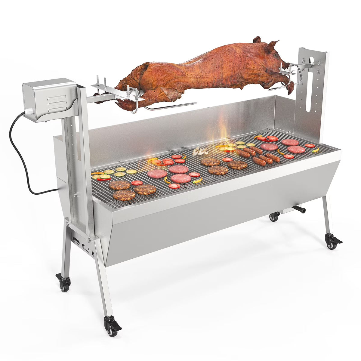 RovSun 46 Electric Rotisserie Grill 176 lbs Capacity 25w Pig Lamb Spit Roaster Rotisserie w/Lockable Wheels Wind Baffle with Adjustable Height