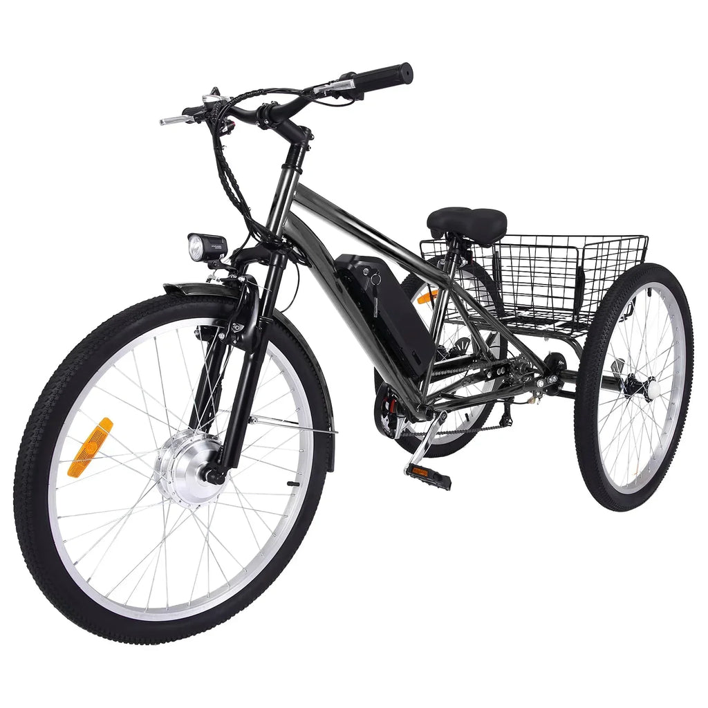 26 Inch Adult 3 Wheel Electric Tricycle with Basket, Fat Tires,7 Speeds,350W Powerful Motor, 36V 10Ah Removable Battery  Dark Gray