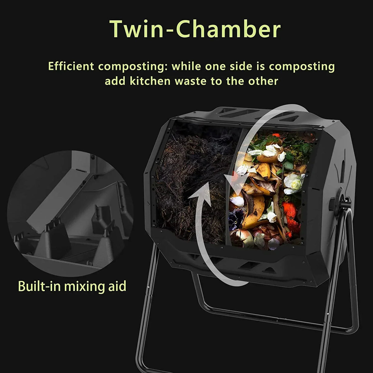 Large Compost Tumbler Bin Dual Compartment Better AirCirculation Efficient Compost BPA Free Sturdy Steel Frame 43Gallon (2 21.5Gal) Blue Door