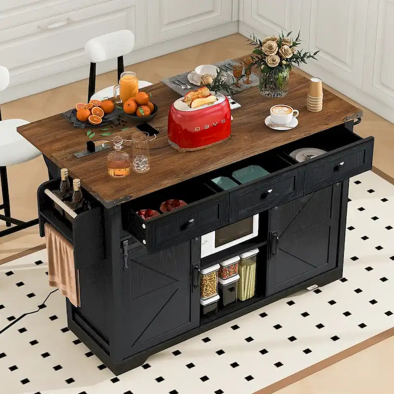 53.7-Inch Farmhouse Kitchen Island with Power Outlet, Featuring 2 Sliding Barn Doors and Drop Leaf Design