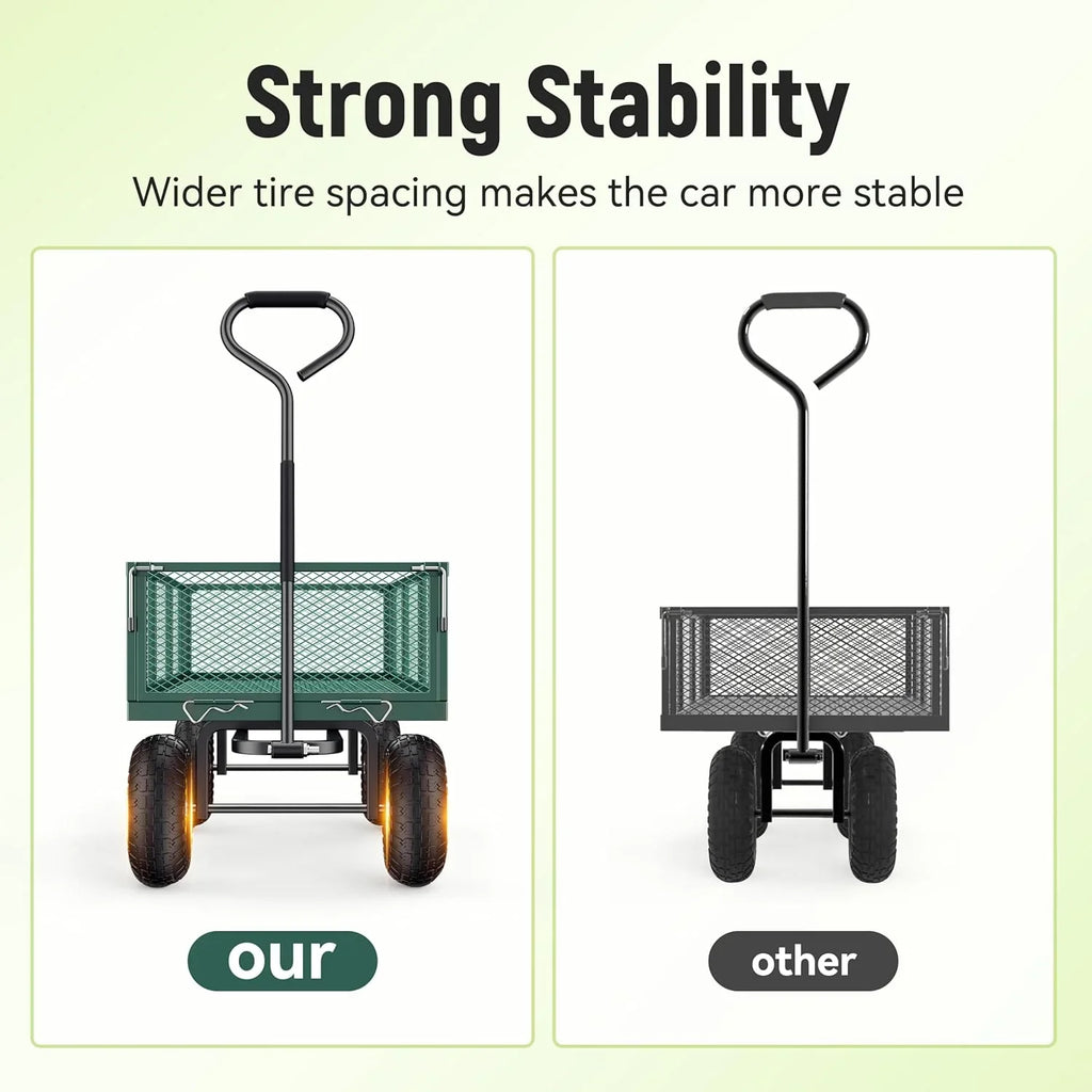 Steel Garden Cart 2-in-1 1400 lbs Heavy Duty Utility Wagon with Removable Mesh Sides to Convert into Flatbed 240?? U-Turn 13" Pneumatic Tires Garden Wagon for Farm Yard Lawn Garden Camping