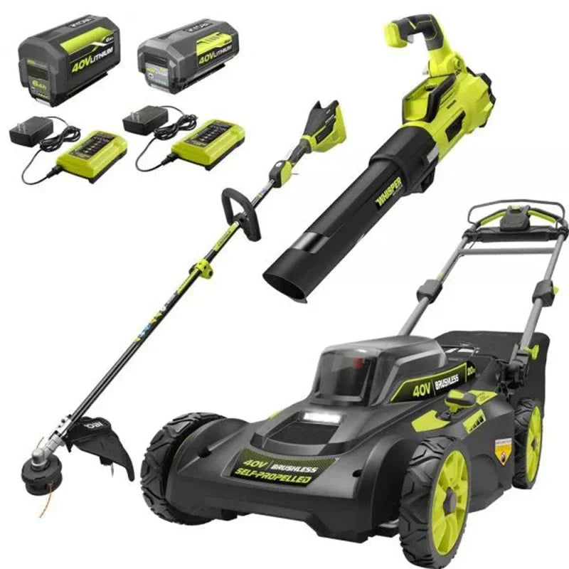 40V Brushless 20-Inch Walk Behind Self Propelled Mower String Trimmer Leaf Blower with (2) Batteries and (2) Chargers - chargers