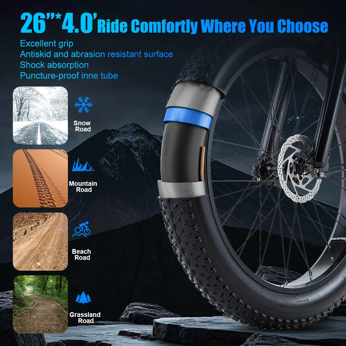 Electric Bike for Adults 26'', 1000W E - Mountain Bike 48V 30/20ah UL2849 Removable Battery, Fat Tire Ebike up to