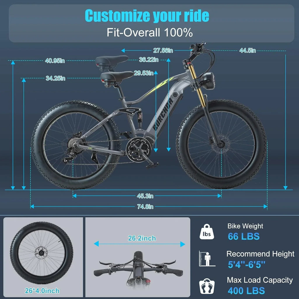 Electric Bike for Adults 26'', 1000W E - Mountain Bike 48V 30/20ah UL2849 Removable Battery, Fat Tire Ebike up to