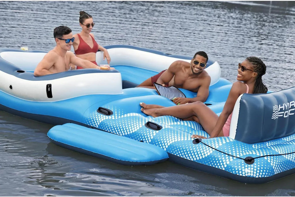 Tropical Breeze 6 Person Inflatable Party Island Large Relaxing Water Float with Detachable Sunshade and Cooler Bag