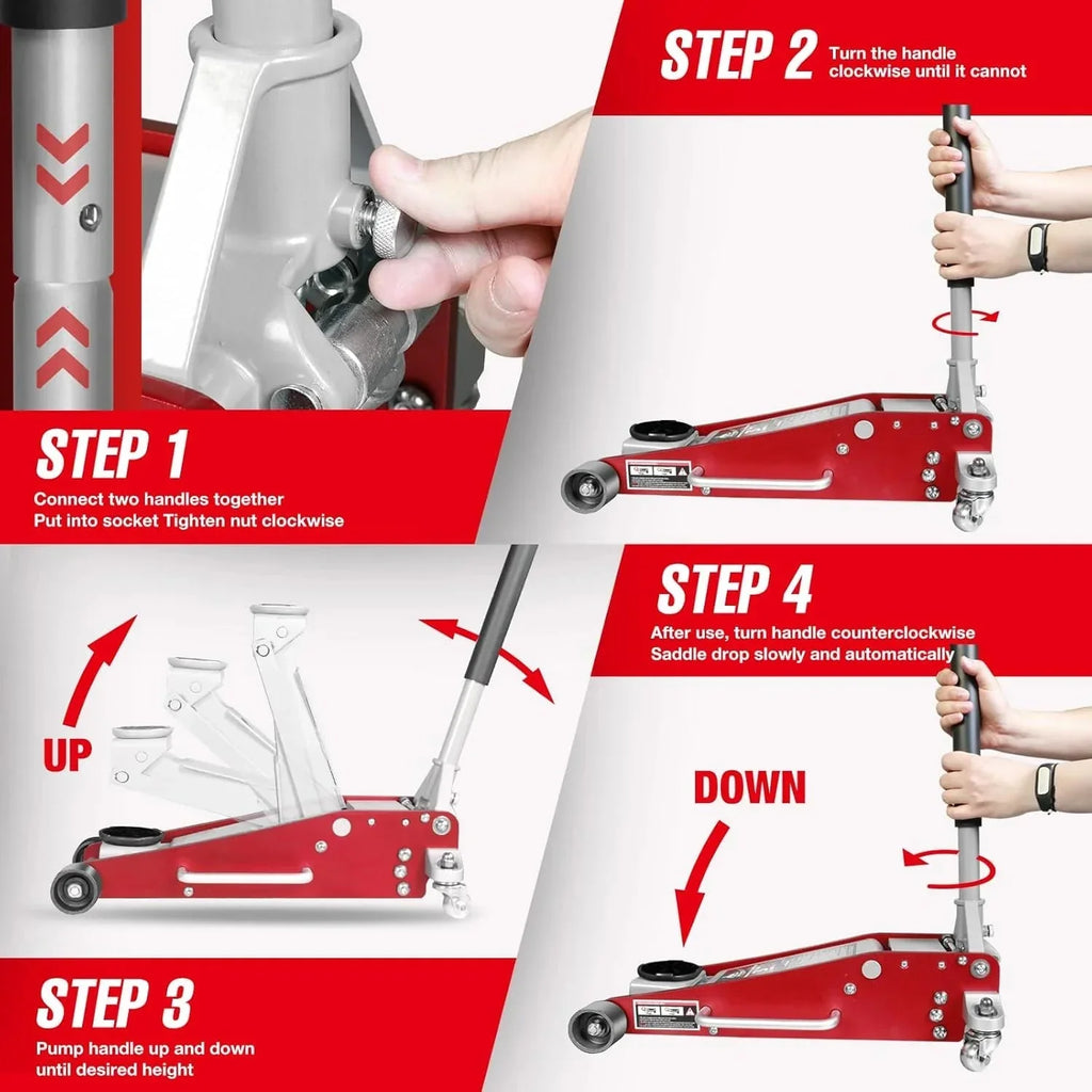 3 Ton Low Profile, Aluminum and Steel Racing Floor Jack with Dual Pistons Quick Lift Pump for Sport Utility Vehicle, Lifting Range 3-15/16" min to 18-5/16" max, Red