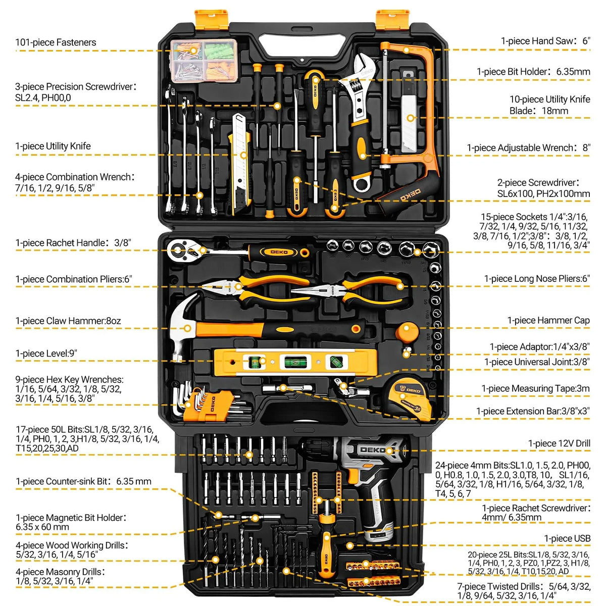 Tool Kit Box Drill Set: Home Mechanic Toolbox with 12V Power Cordless Drill