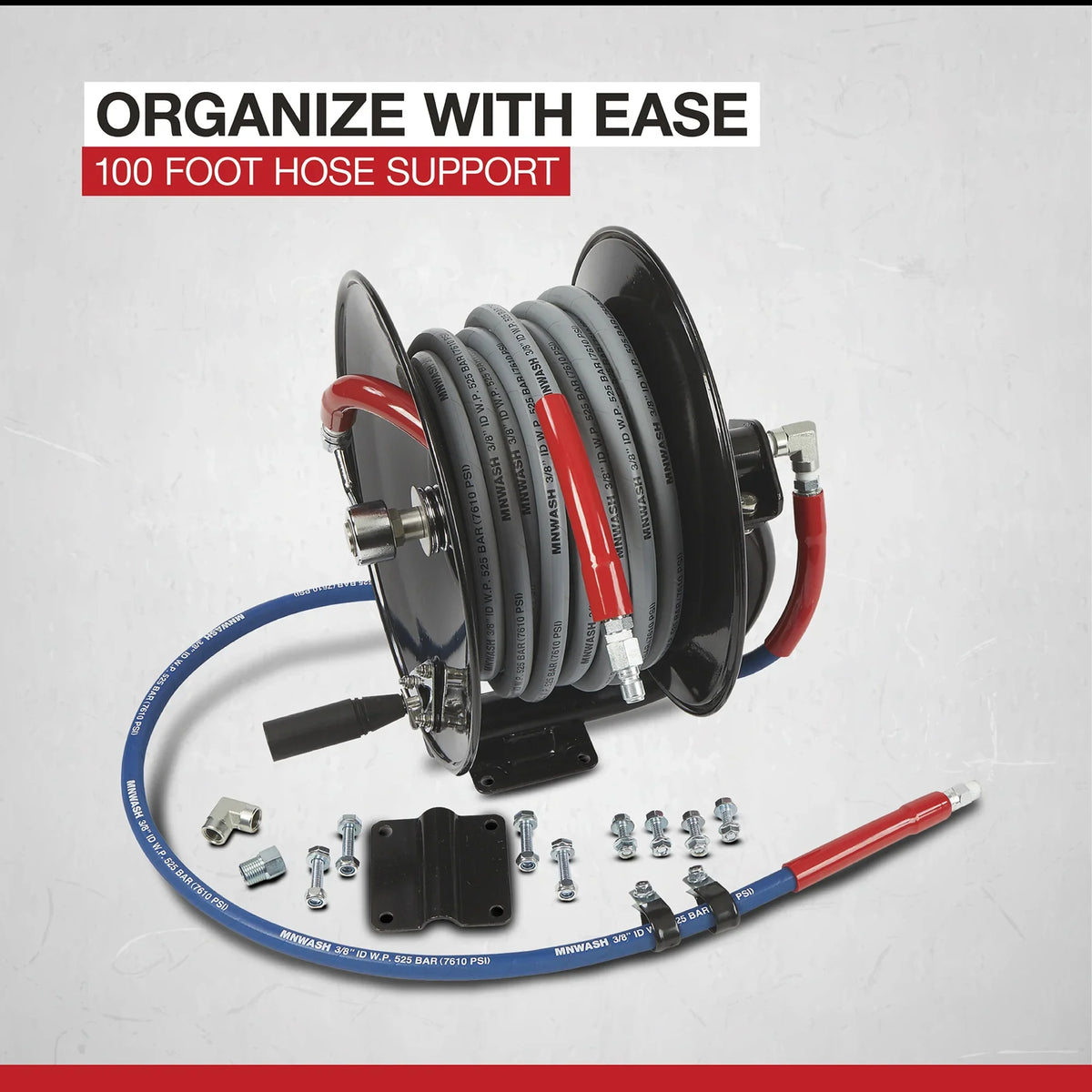 Northstar Pressure Washer Hose Reel with 50ft. Steel - Braided Hose, 3/8in. x 100ft. Capacity, 5000 PSI
