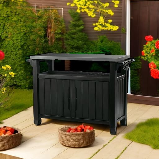 Keter Outdoor Rolling Table Cart for Food Prep, Storage, Bar & Grill, Dark Brown