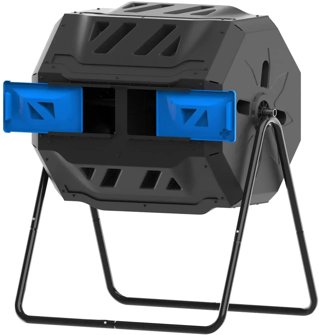 Large Compost Tumbler Bin Dual Compartment Better AirCirculation Efficient Compost BPA Free Sturdy Steel Frame 43Gallon (2 21.5Gal) Blue Door
